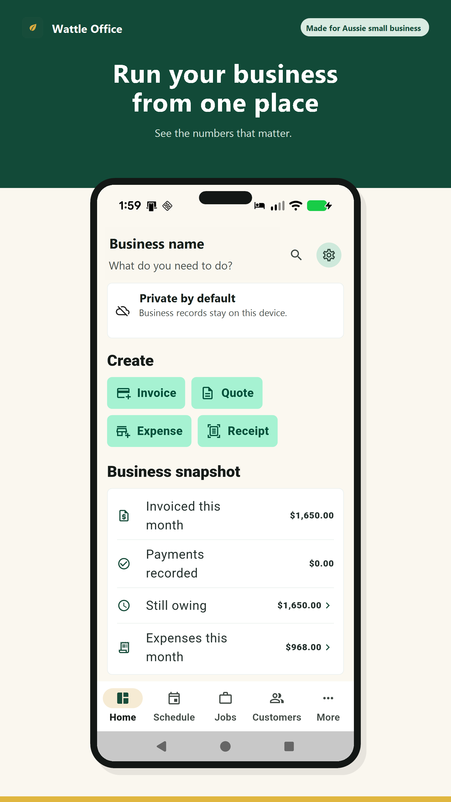 Wattle Office dashboard showing invoices, expenses and quick actions